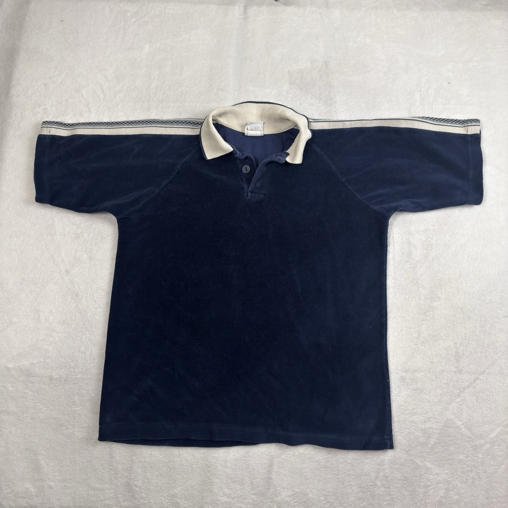 VTG Y2K Utility Blue Velour Short Sleeve‎ Collared Polo Women's Large Top